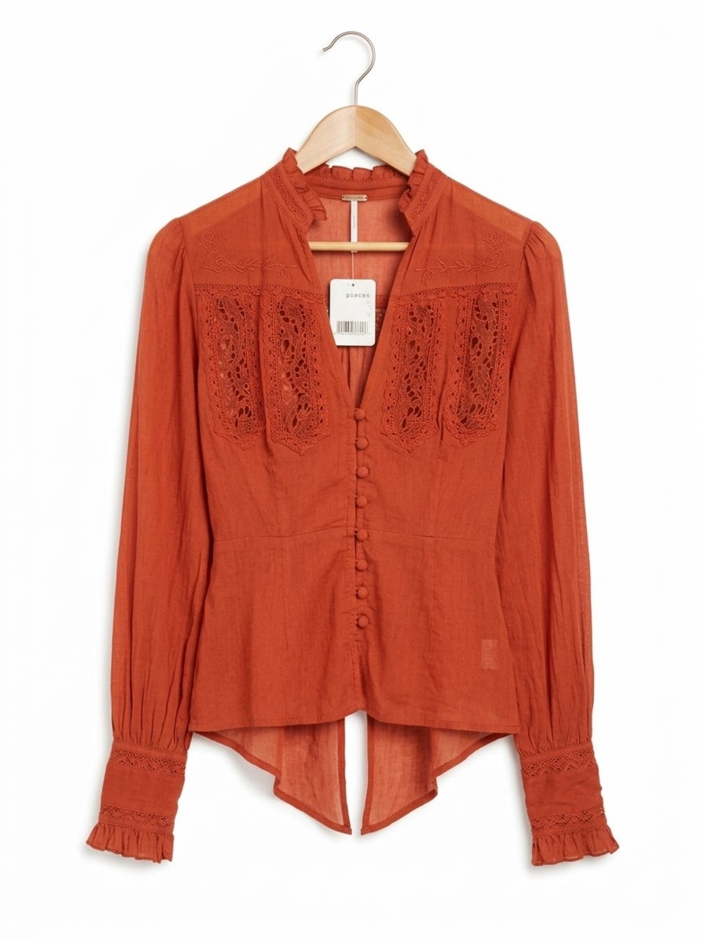 Free People Burnt Orange Crochet-Panel Button Blouse